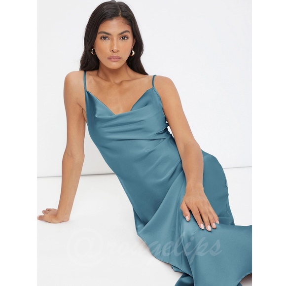 Blue Satin Cami Dress Midi  Adjustable Spaghetti Straps - Picture 6 of 8